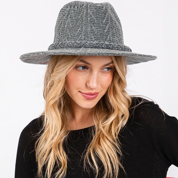 Gray Chenille Pattern Fedora Hat with Braided Band - Picture 4 of 6